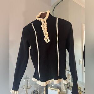 CAbi Adorn Black and Cream Ruffle  Sweater US small
